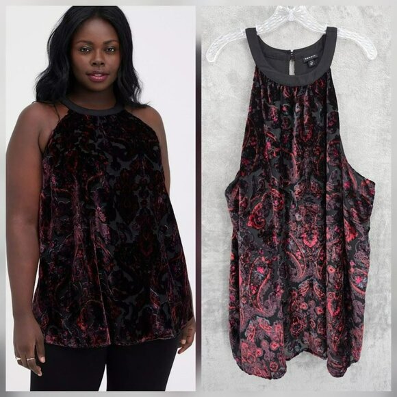 Torrid Halter Tunic Tank 4 Burnout Velvet Paisley Black Red Whimsy Goth Witchy - Picture 1 of 11